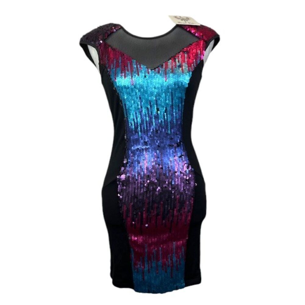 NWT Angel‎ Biba Sequin Stretch Bodycon Mini Dress Multicolor Black Size Small